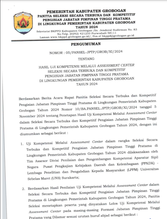 PENGUMUMAN HASIL UJIKOM JPTP 2024