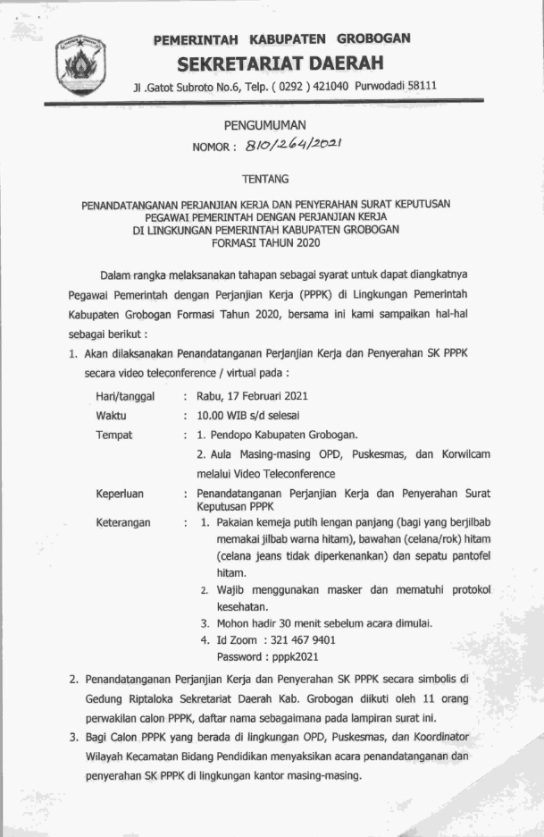 PENGUMUMAN PERJANJIAN KERJA PPPK 001