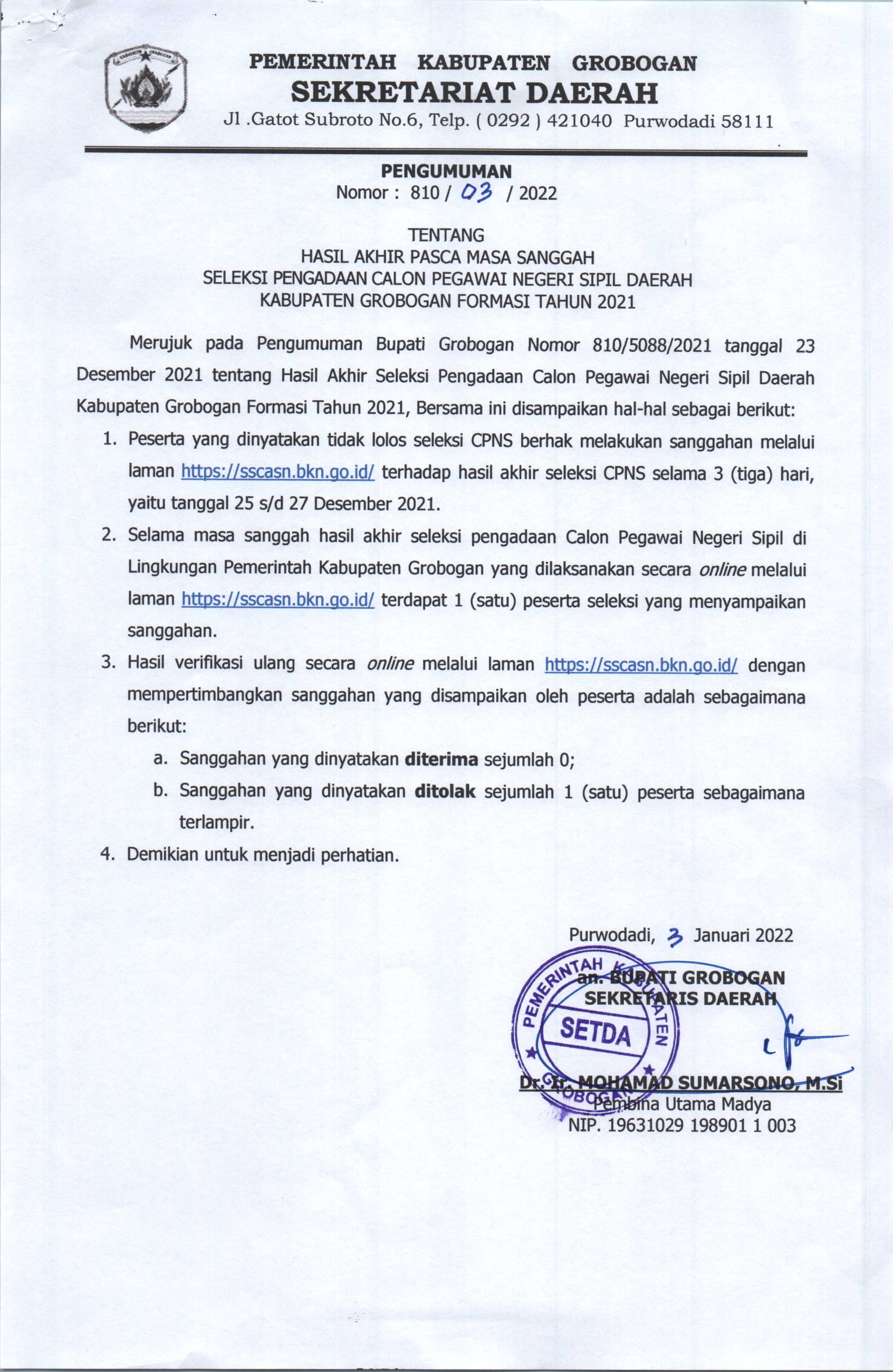 Pengumuman sanggah tahap akhir casn 2021 1