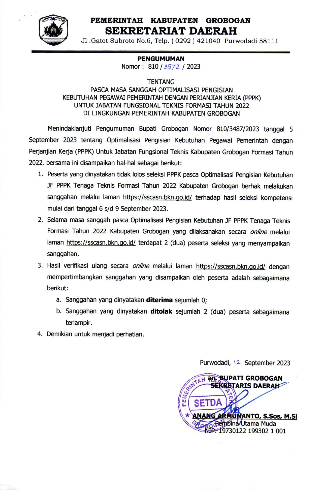 Pengumuman ttg Pasca Masa Sanggah Optimalisasi Pengisian Keb. PPPK JF Teknis 2022 page 0001