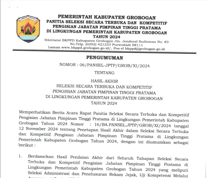 PENGUMUMAN HASIL AKHIR SELEKSI SECARA TERBUKA DAN KOMPETITIF PENGISIAN JABATAN PIMPINAN TINGGI PRATAMA DI LINGKUNGAN PEMERINTAH KABUPATEN GROBOGAN TAHUN 2024