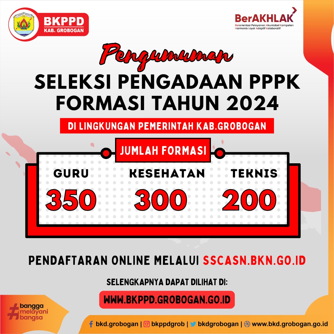 PENGUMUMAN TENTANG SELEKSI PEGAWAI PEMERINTAH DENGAN PERJANJIAN KERJA (PPPK)  DI LINGKUNGAN PEMERINTAH KABUPATEN GROBOGAN  FORMASI TAHUN 2024