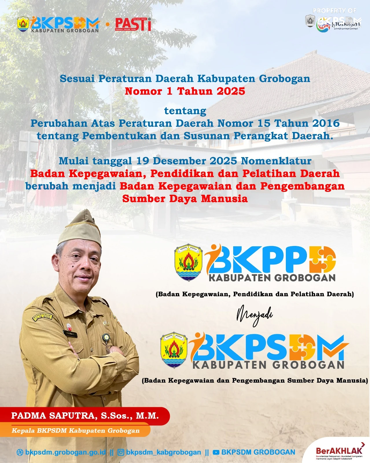 BKPPD Resmi Menjadi BKPSDM Kabupaten Grobogan Mulai 19 Desember 2025