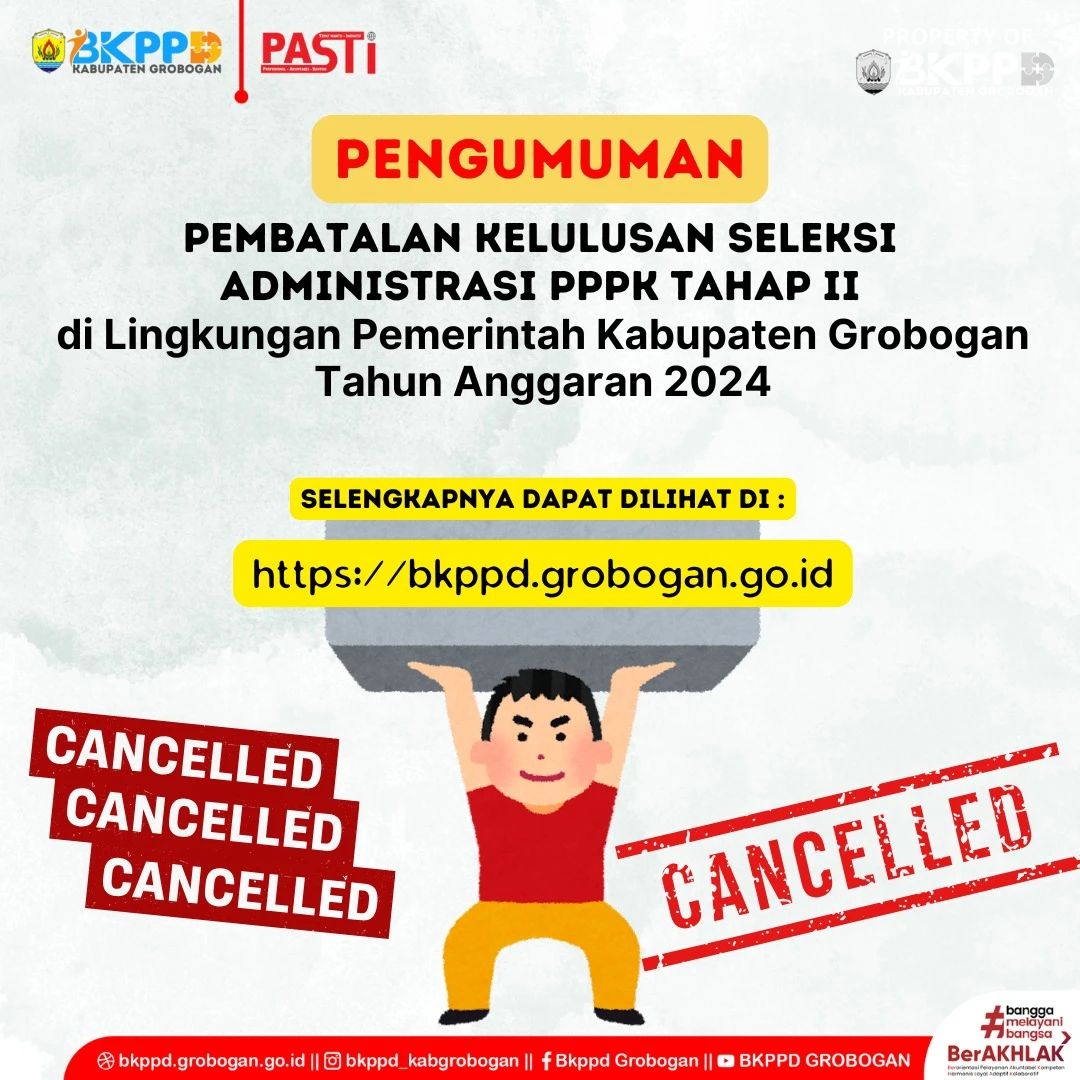 PENGUMUMAN TENTANG PEMBATALAN KELULUSAN SELEKSI ADMINISTRASI SETELAH MASA SANGGAH PPPK PERIODE II DI LINGKUNGAN PEMERINTAH KABUPATEN GROBOGAN FORMASI TAHUN 2024