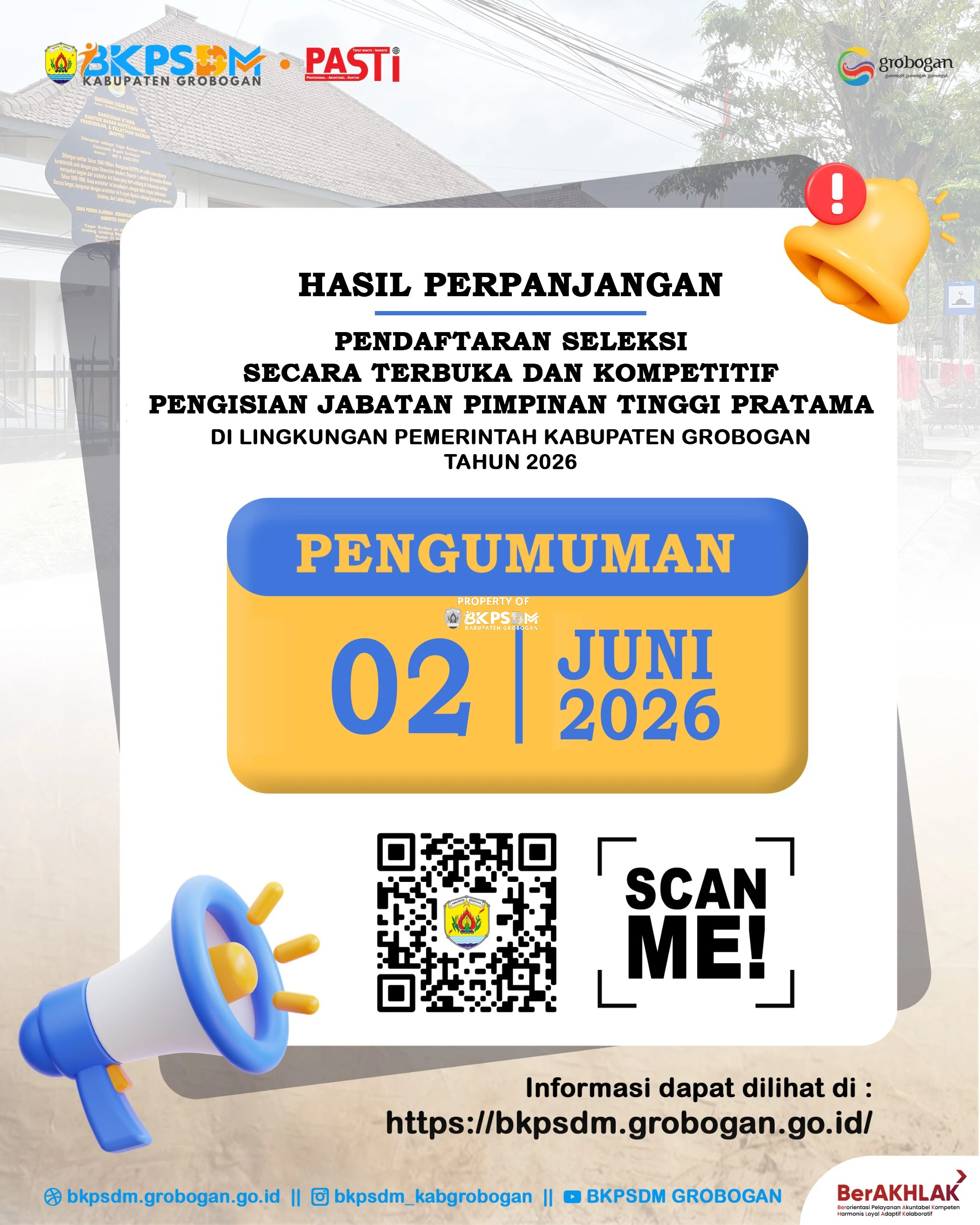 Pengumuman Hasil Seleksi Administrasi Perpanjangan Pendaftaran Seleksi Secara Terbuka dan Kompetitif  Pengisian Jabatan Pimpinan Tinggi Pratama di Lingkungan Pemerintah Kabupaten Grobogan Tahun 2026 pada Dinas Pertanian