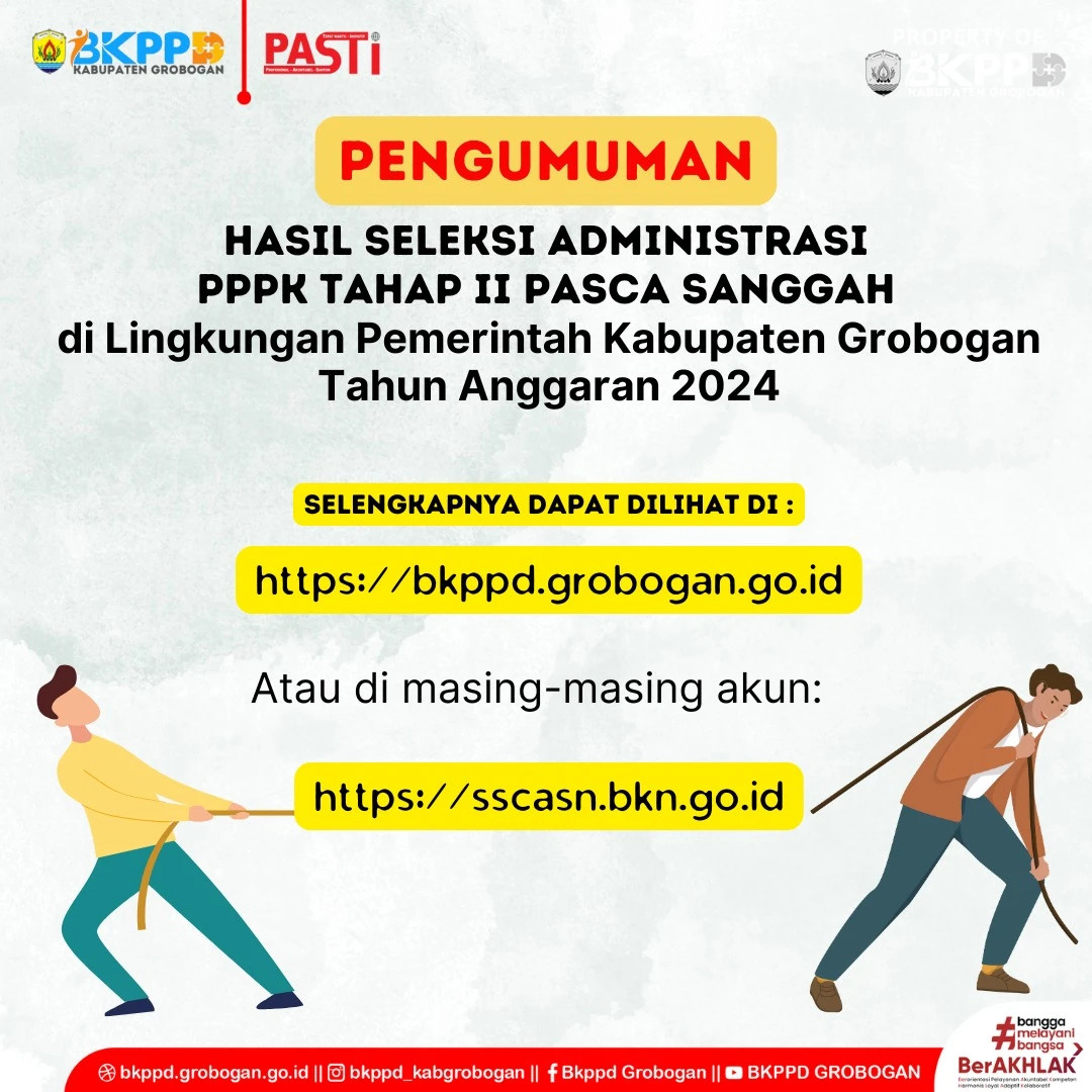PENGUMUMAN TENTANG  HASIL SELEKSI ADMINISTRASI PASCA SANGGAH PEGAWAI PEMERINTAH DENGAN PERJANJIAN KERJA (PPPK) TAHAP 2 DI LINGKUNGAN PEMERINTAH KABUPATEN GROBOGAN FORMASI TAHUN 2024