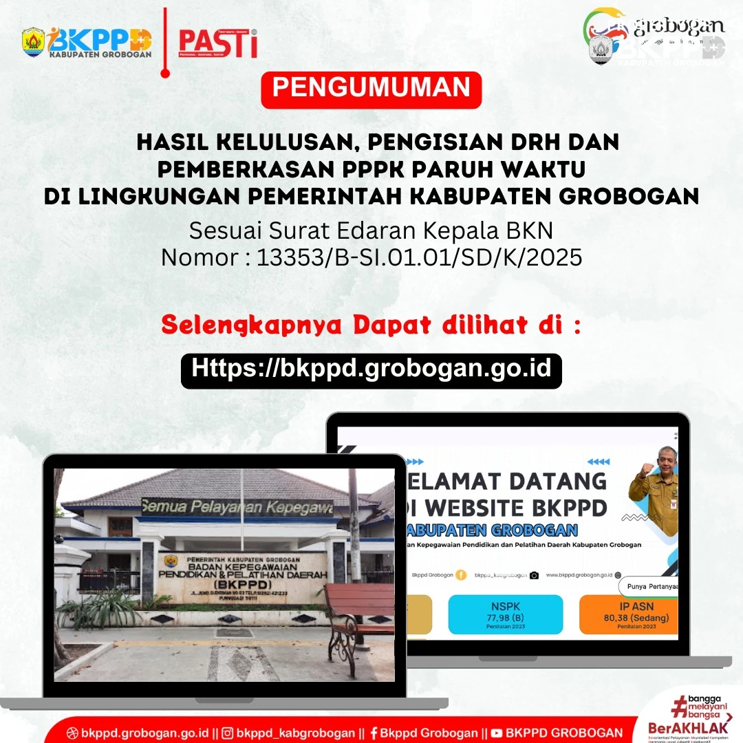 PENGUMUMAN TENTANG HASIL KELULUSAN PPPK PARUH WAKTU,  PENGISIAN DAFTAR RIWAYAT HIDUP (DRH) DAN PEMBERKASAN PPPK PARUH WAKTU DI LINGKUNGAN PEMERINTAH KABUPATEN GROBOGAN