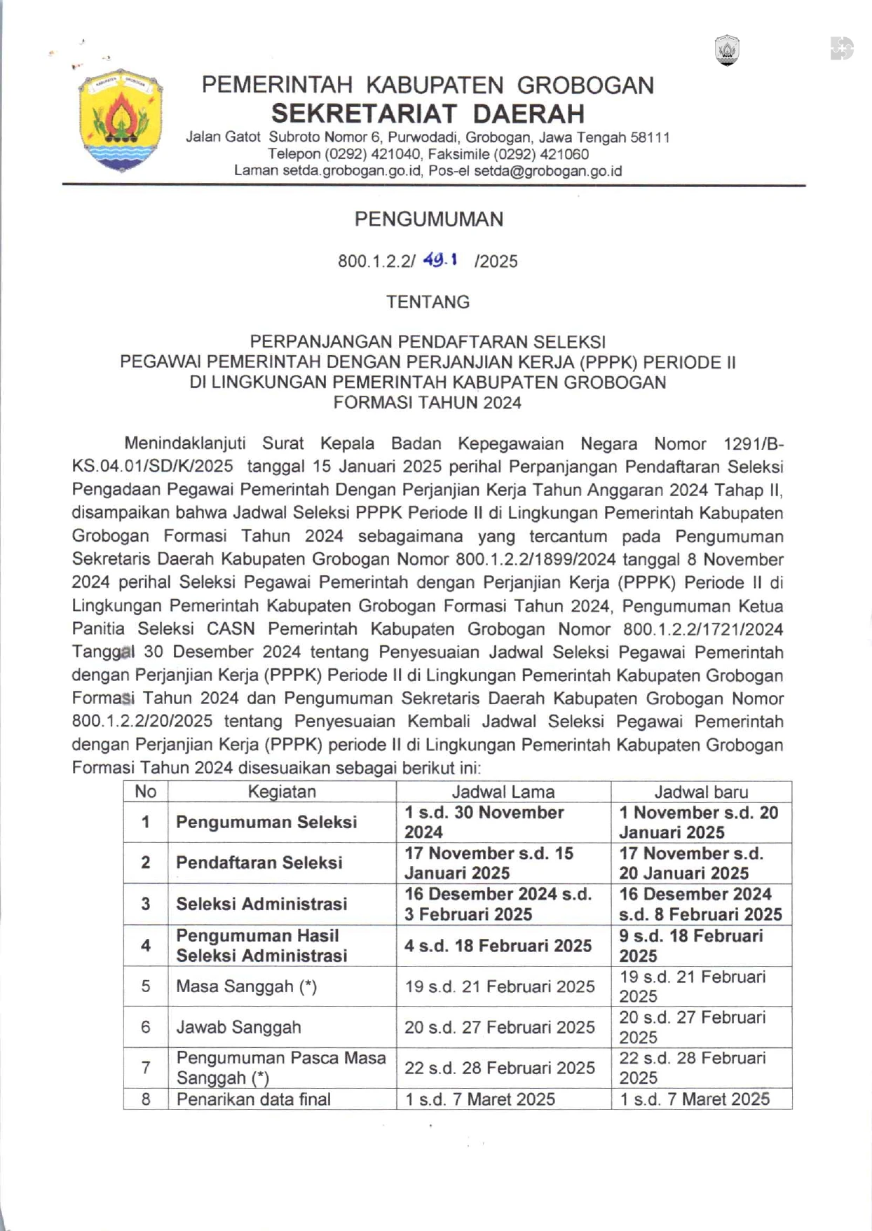 Pengumuman Tentang Perpanjangan Pendaftaran Seleksi Pegawai Pemerintah Dengan Perjanjian Kerja (PPPK) Periode II di Lingkungan Pemerintah Kabupaten Grobogan Formasi Tahun 2024